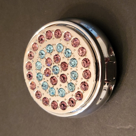 NEW Bejeweled Pillbox, Pink & Blue Crystals, Silver-tone - Picture 5 of 8